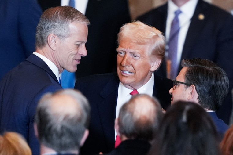 President Donald Trump speak with John Thune and Mike Johnson