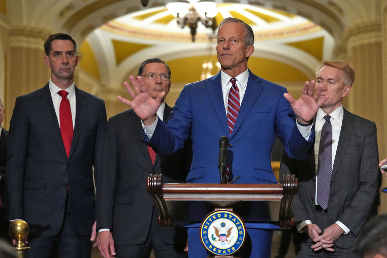 Senate Majority Leader John Thune is joined by, from left, Republican Sens. Tom Cotton and John Barrasso and Rep. James Lankford, R-Okla., at the Capitol on May 13, 2025.