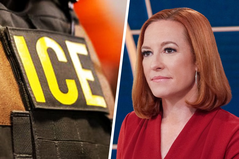 Side by side of an Ice agent and Jen Psaki.