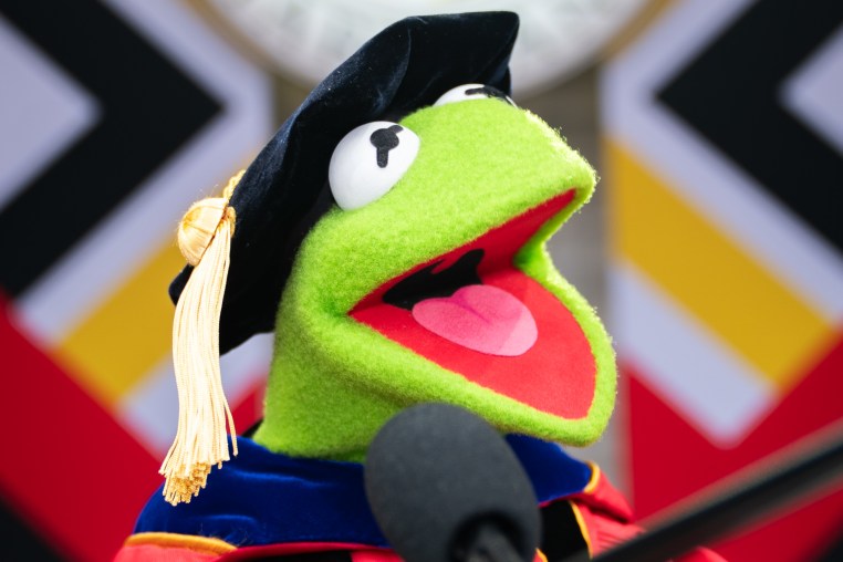COLLEGE PARK, MD - MAY 22: Kermit the Frog practices his Univer