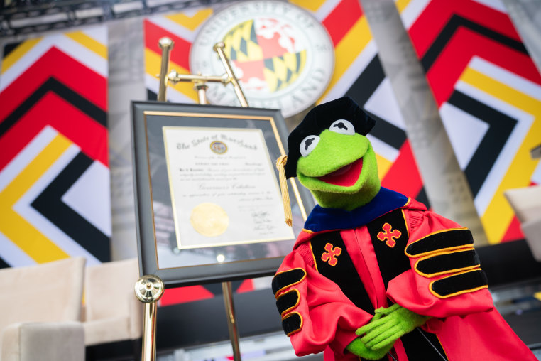 COLLEGE PARK, MD - MAY 22: Kermit the Frog practices his Univer