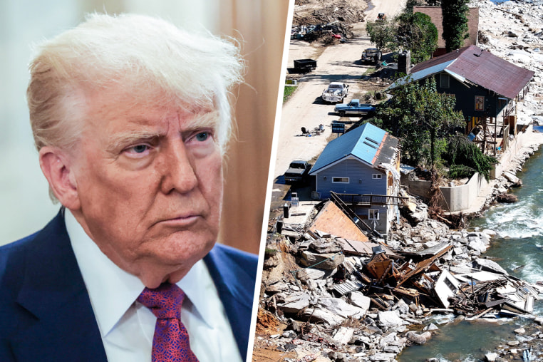 A split composite image of Donald Trump, left, and destroyed houses