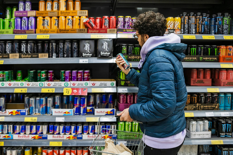 Energy drinks for sale in a supermarket.