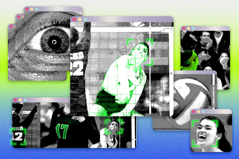 Various computer window screens showing female student athletes.
