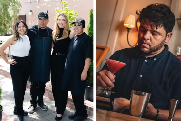 From left: On the right, part of the Amano team, led by Salvador Alamilla; José Medina Camacho, co-owner of the Adiõs bar; and Oscar Ortega, pastry chef in Jackson Hole, Wyoming.