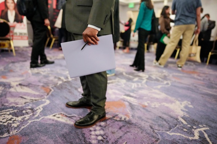Job seekers attend a job fair in Los Angeles on April 17, 2025. 