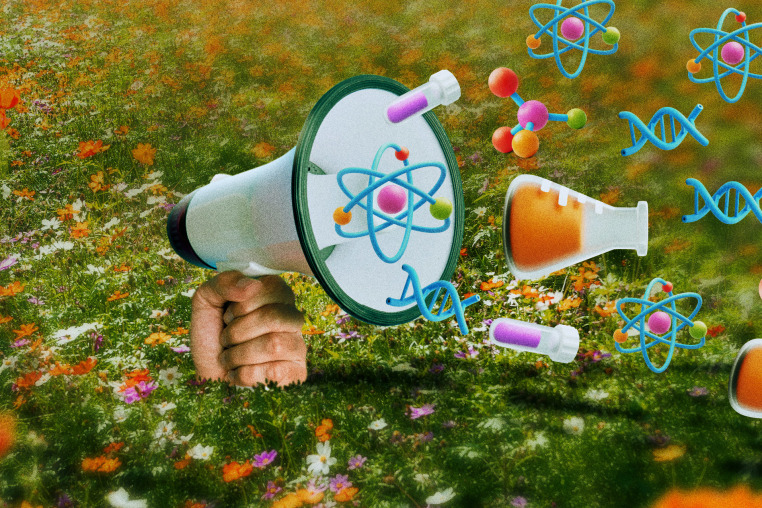 A megaphone pops out from a field of flowers, as atoms, DNA spirals, molecules and more float out from the megaphone.