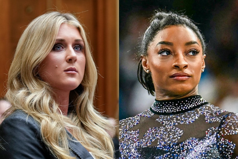 A split composite of Riley Gaines and Simone Biles.