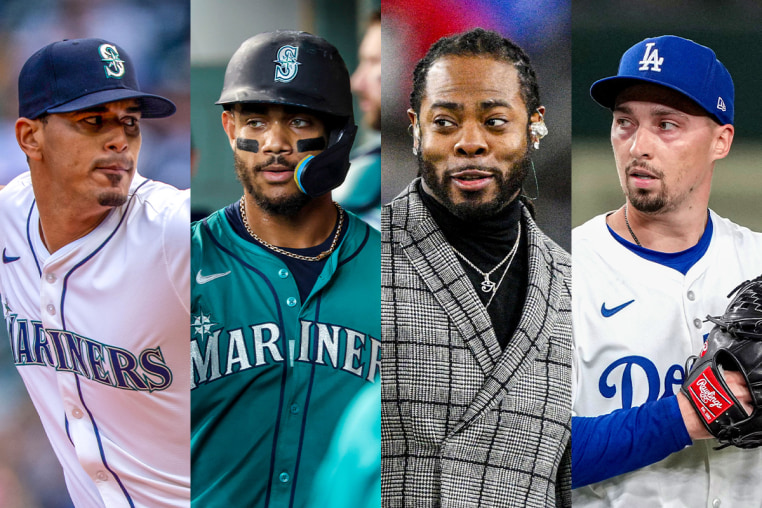 A split composite of Luis Castillo, Julio Rodriguez, Richard Sherman, and Blake Snell.