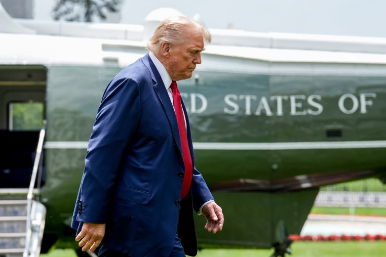 President Trump walks outside on a lawn, Air Force One is parked behind him in the distance