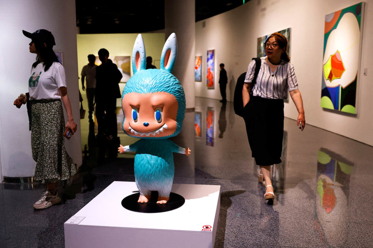 Labubu figurine is displayed before an auction in Beijing