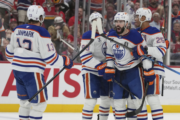 Edmonton Oilers defenseman Jake Walman (96) celebrates his goal during the third period of Game 4 of the Stanley Cup Final against the Florida Panthers.
