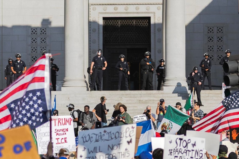 Protesters gather outside of City Hall on June 11, 2025 in Los Angeles.