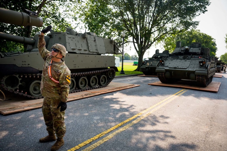 U.S. Army soldiers work on an assortment of military vehicles at West Potomac Park on June 11, 2025 in Washington.