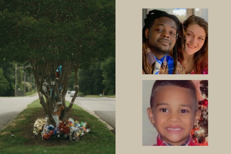 A tree with flowers and mementos on the road where Legend Jenkins was hit and killed by a car; Samuele Jenkins and Ivey Legend in a photo; Legend Jenkins at Christmas.