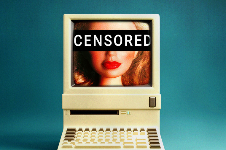 Photo illustration of a woman's face on a computer screen with a "CENSORED" bar over the screen 
