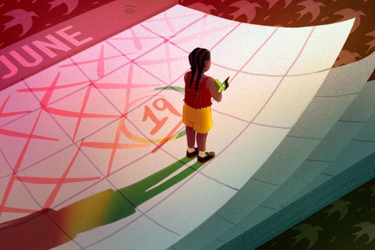 Young Black girl holding a history book and standing on a calendar marked June 19. 