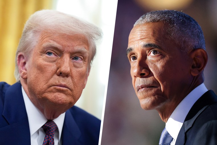 A split composite image of President Donald Trump, left, and Barack Obama.