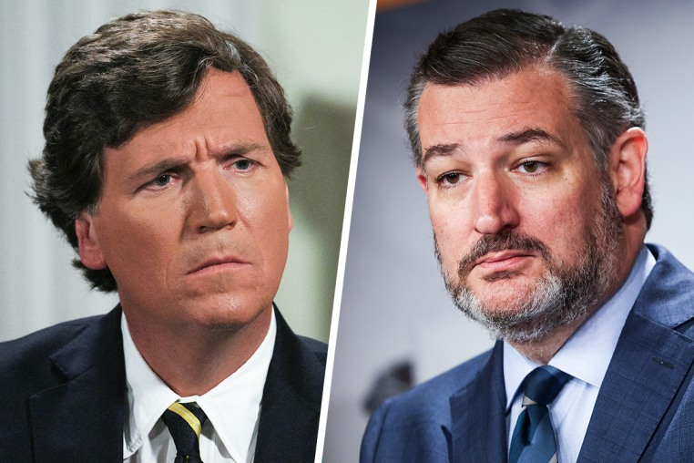 A split composite image of Tucker Carlson, left, and Ted Cruz