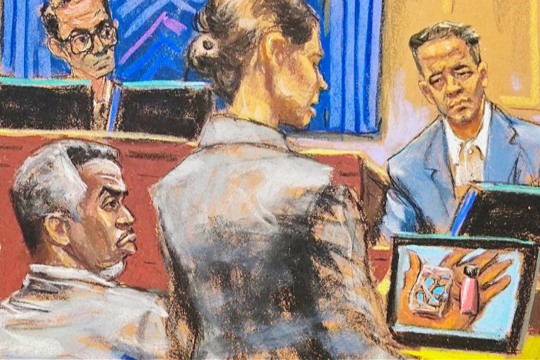 Courtroom sketch of Sean "Diddy" Combs listening as Assistant U.S. Attorney Christy Slavik questions Brendan Paul