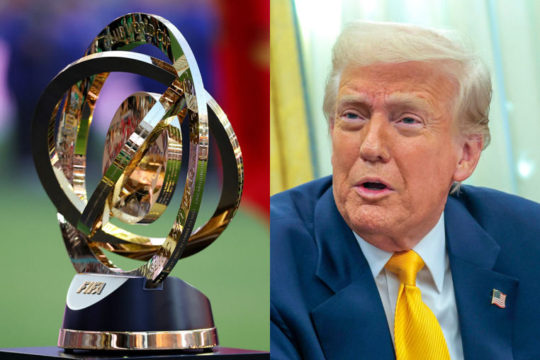 A split composite of the world cup trophy and Trump.