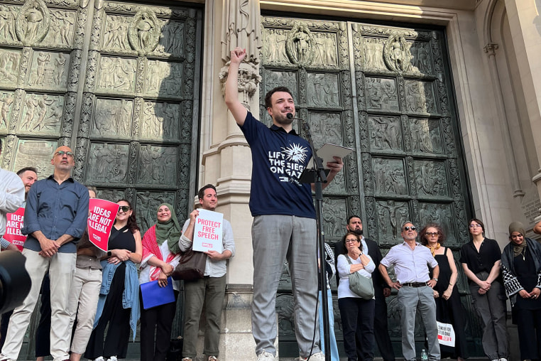 Mahmoud Khalil spoke to the press Sunday on the steps of the Cathedral of St. John the Divine in New York City, just a few blocks away from Columbia University.