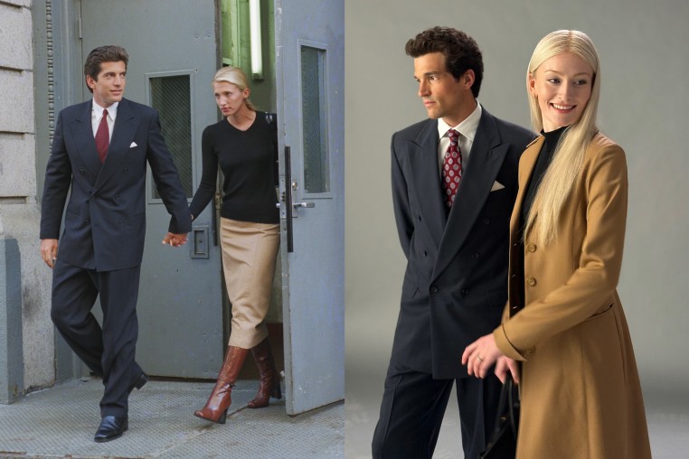 John F. Kennedy Jr. and bride Carolyn Bessette Kennedy in 1996; Sarah Pidgeon and Paul Kelly as JFK Jr and Carolyn Bessette on the set of Ryan Murphy's "American Love Story."