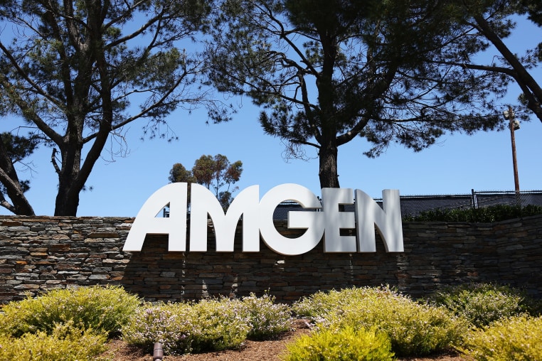 The Amgen logo is displayed outside the company's headquarters