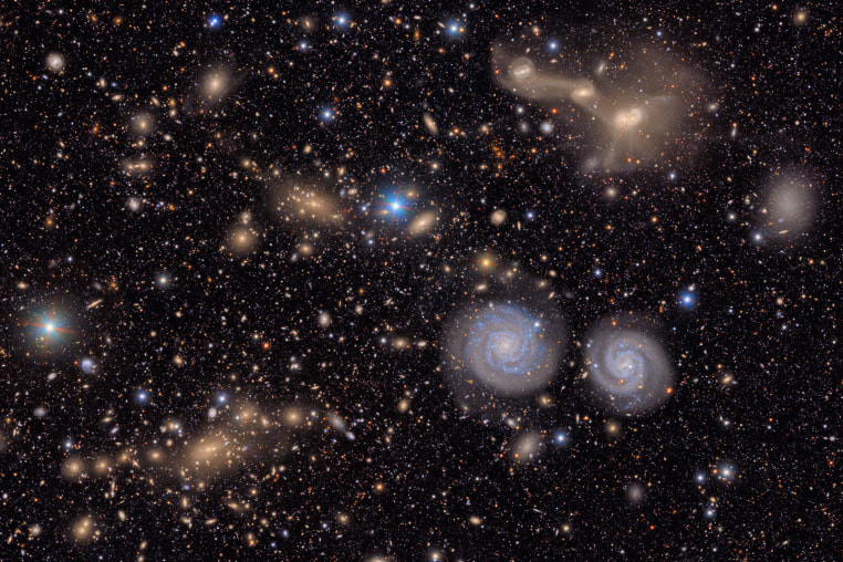e Virgo cluster with two prominent spiral galaxies, lower right, three merging galaxies upper right, several groups of distant galaxies, many stars in the Milky Way galaxy and more.