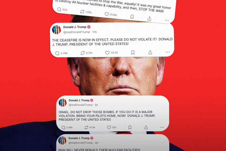 Photo collage of Donald Trump's face covered with various Truth Social posts 