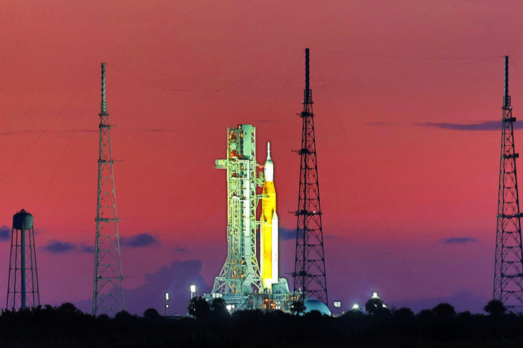 Artemis I sits at Launch Pad 39-B at Kennedy Space Center, Fla., at sunrise on Aug. 31, 2022.