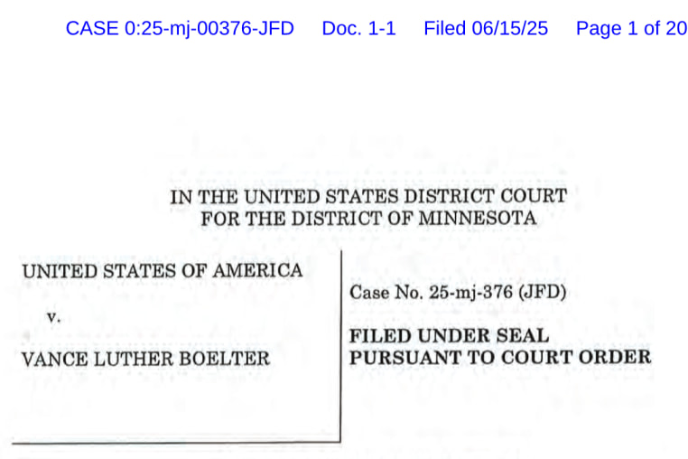 Screengrab of the federal criminal complaint against Vance Boelter.