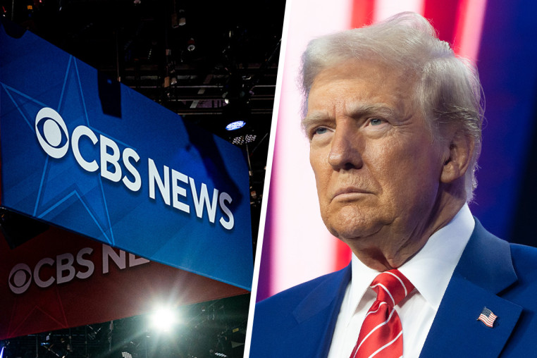 Composite image of A. CBS News signage in the spin room ahead of the first vice presidential debate at the CBS Broadcast Center in New York, US, on Tuesday, Oct. 1, 2024. And B. President-elect Donald Trump looks on during Turning Point USA's AmericaFest at the Phoenix Convention Center on December 22, 2024 in Phoenix, Arizona.