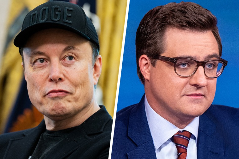 A split composite of Elon Musk and Chris Hayes.