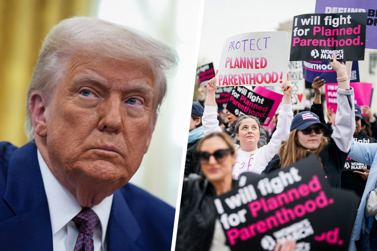 A split composite image of President Donald Trump, left, and  Planned Parenthood protestors.