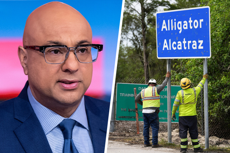 A split composite image of Ali Velshi, left, and a sign being installed for Alligator Alcatraz
