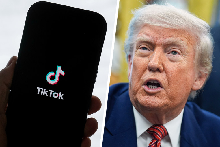 A split composite image of a hand holding a phone with the TikTok logo on a smartphone, left, and Donald Trump speaking