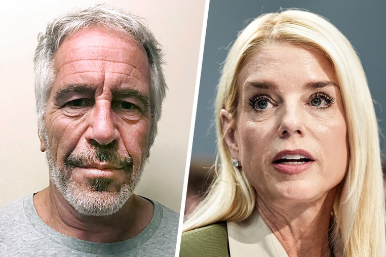 A split composite image of Jeffrey Epstein, left, and Pam Bondi