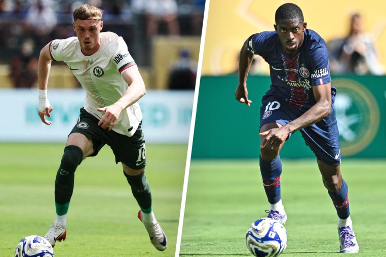 Chelsea's Cole Palmer and Ousmane Dembele of Paris Saint-Germain.