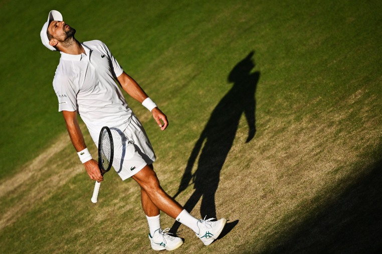 Serbia's Novak Djokovic reacts as he plays against Italy's Jannik Sinner