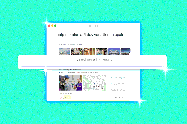 Comet Browser window with an animated "Searching & Thinking" loading bar