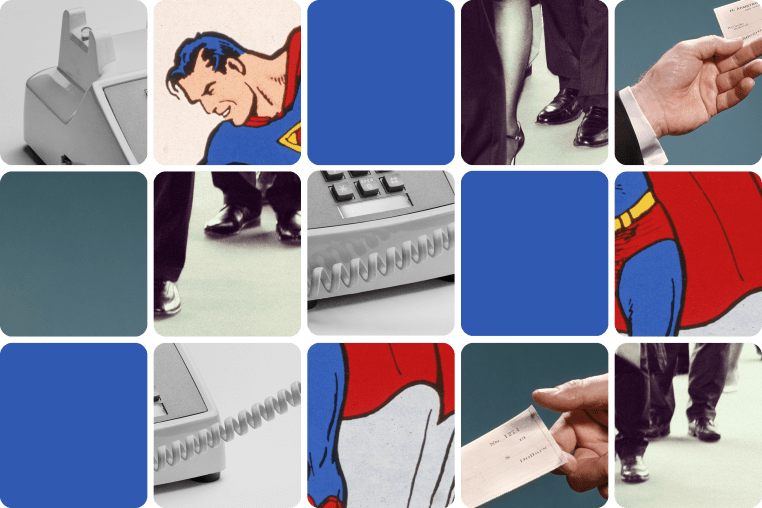 Photo grid of obscured images featuring Superman, a telephone, and a hand holding a blank check 