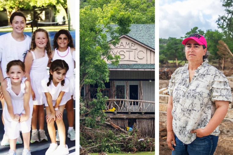 Camp counselor and campers at Camp Mystic before the floods; Camp Mystic and debris; Lorena Guillen at the destroyed RV Park