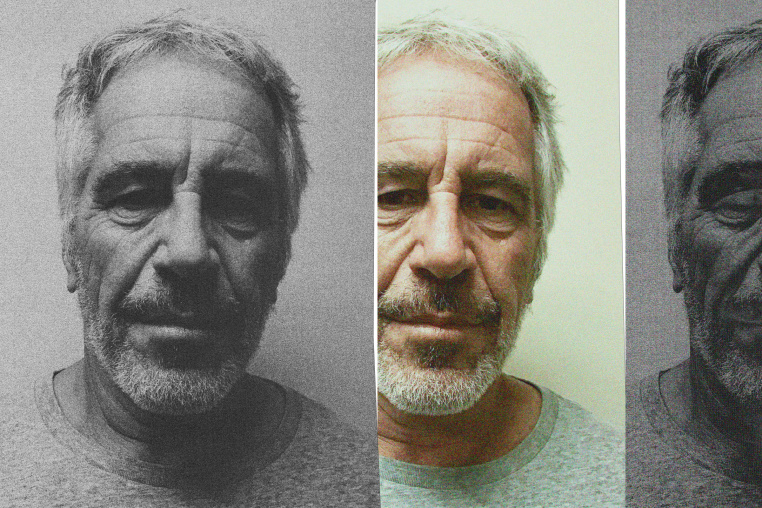Jeffrey Epstein's mugshot repeated with distortion.