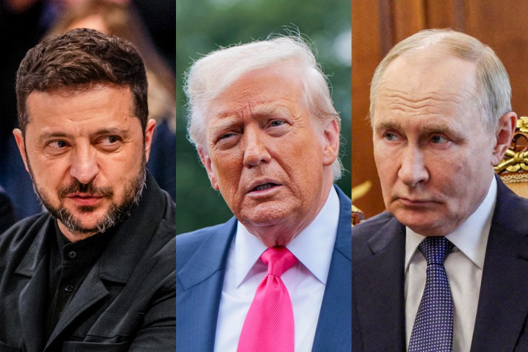 A split composite of Volodymyr Zelensky, Donald Trump and Vladimir Putin.