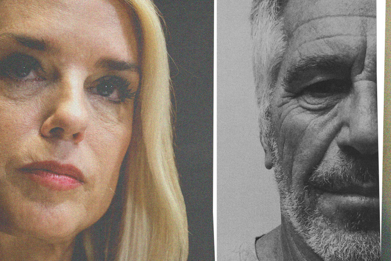 Photo collage of Pam Bondi, Jeffrey Epstein, and Mike Johnson