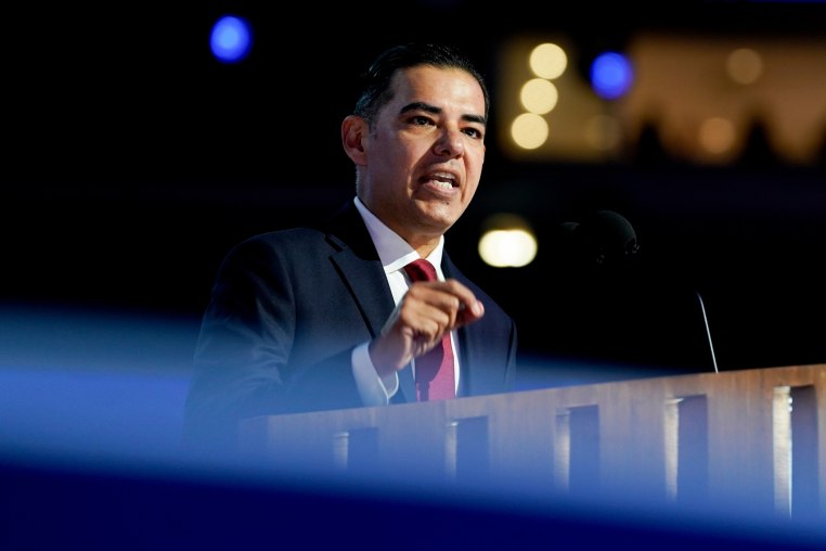 Rep. Robert Garcia speaks on stage at the DNC