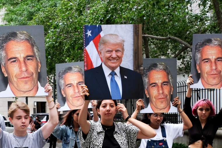 A group of young protesters holds pictures of Jeffrey Epstein and Donald Trump.