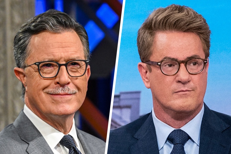 A split composite of Stephen Colbert and Joe Scarborough.