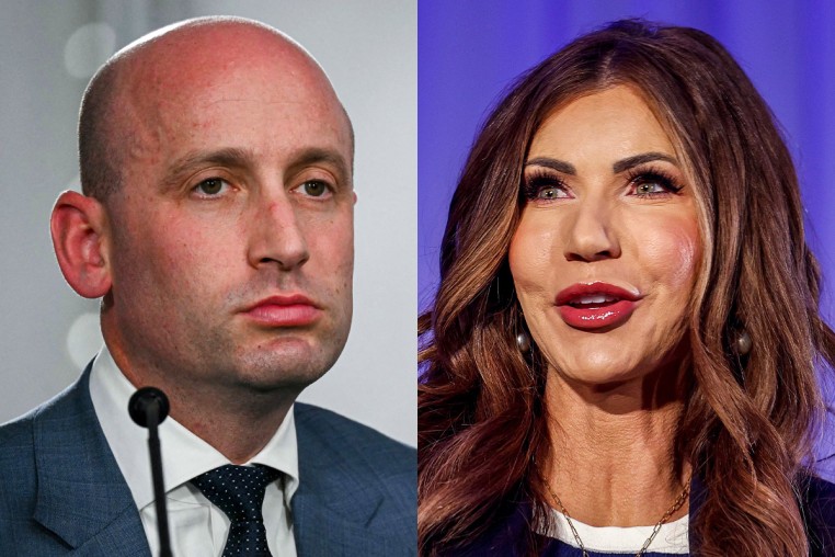 A split composite of Stephen Miller and Kristi Noem.